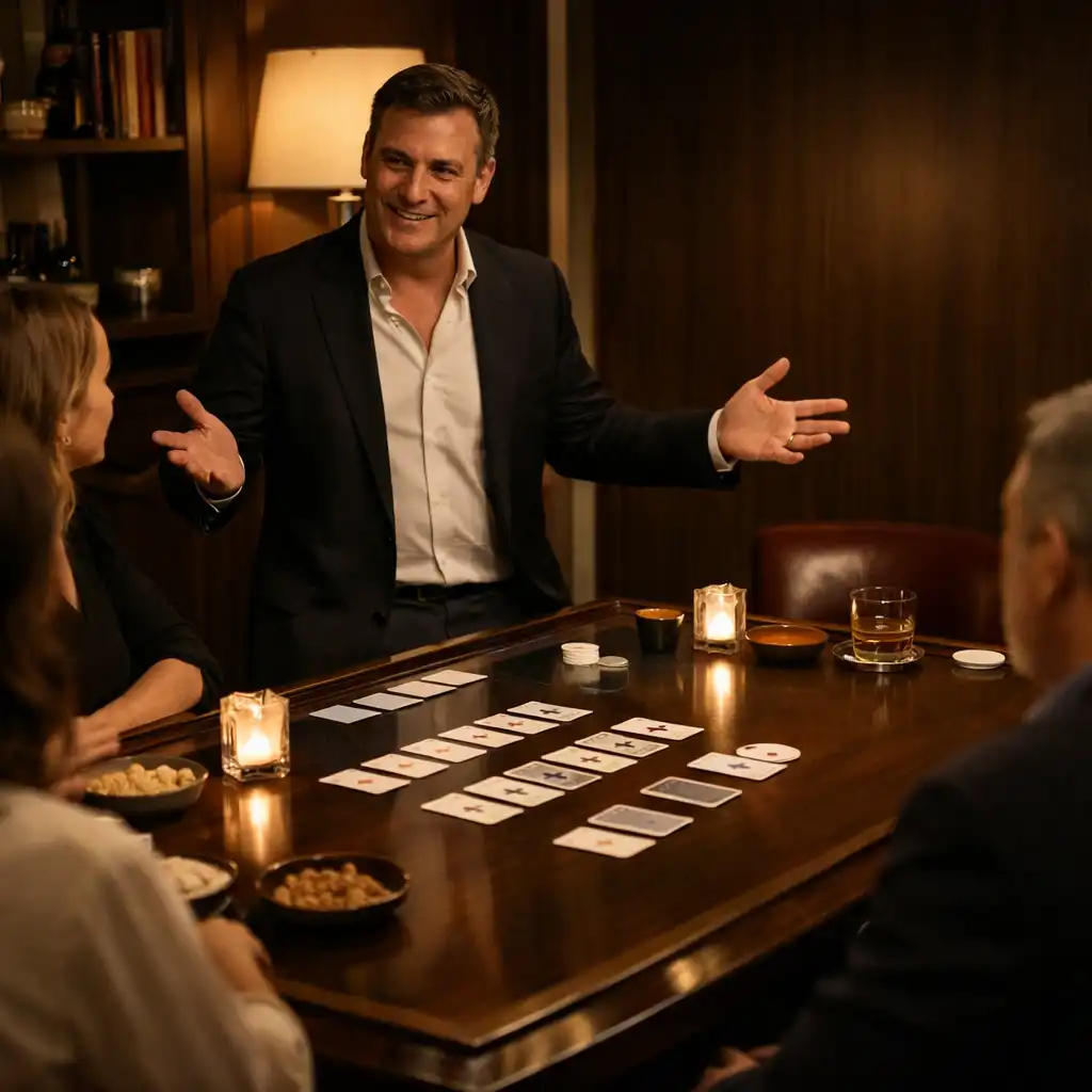 Host welcoming guests around a polished card table in a private lounge