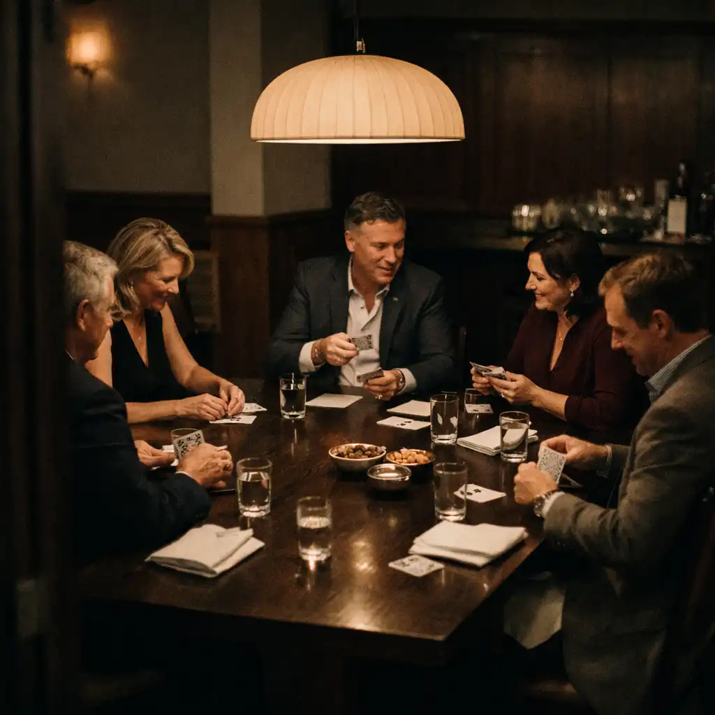 Guests gathered around a timber card table with shared plates and playing cards in warm evening light