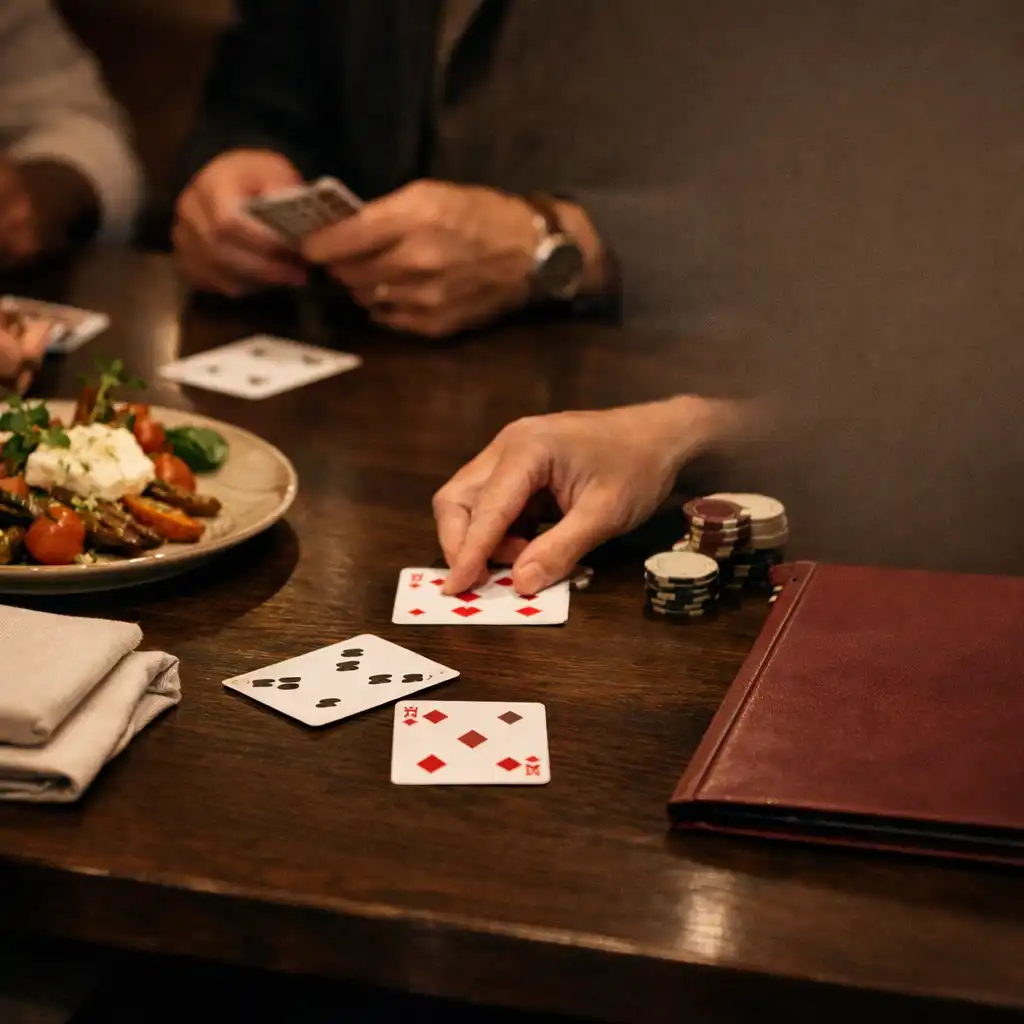 Hands arranging playing cards beside shared food, linen and ceramic plates on a dark timber table