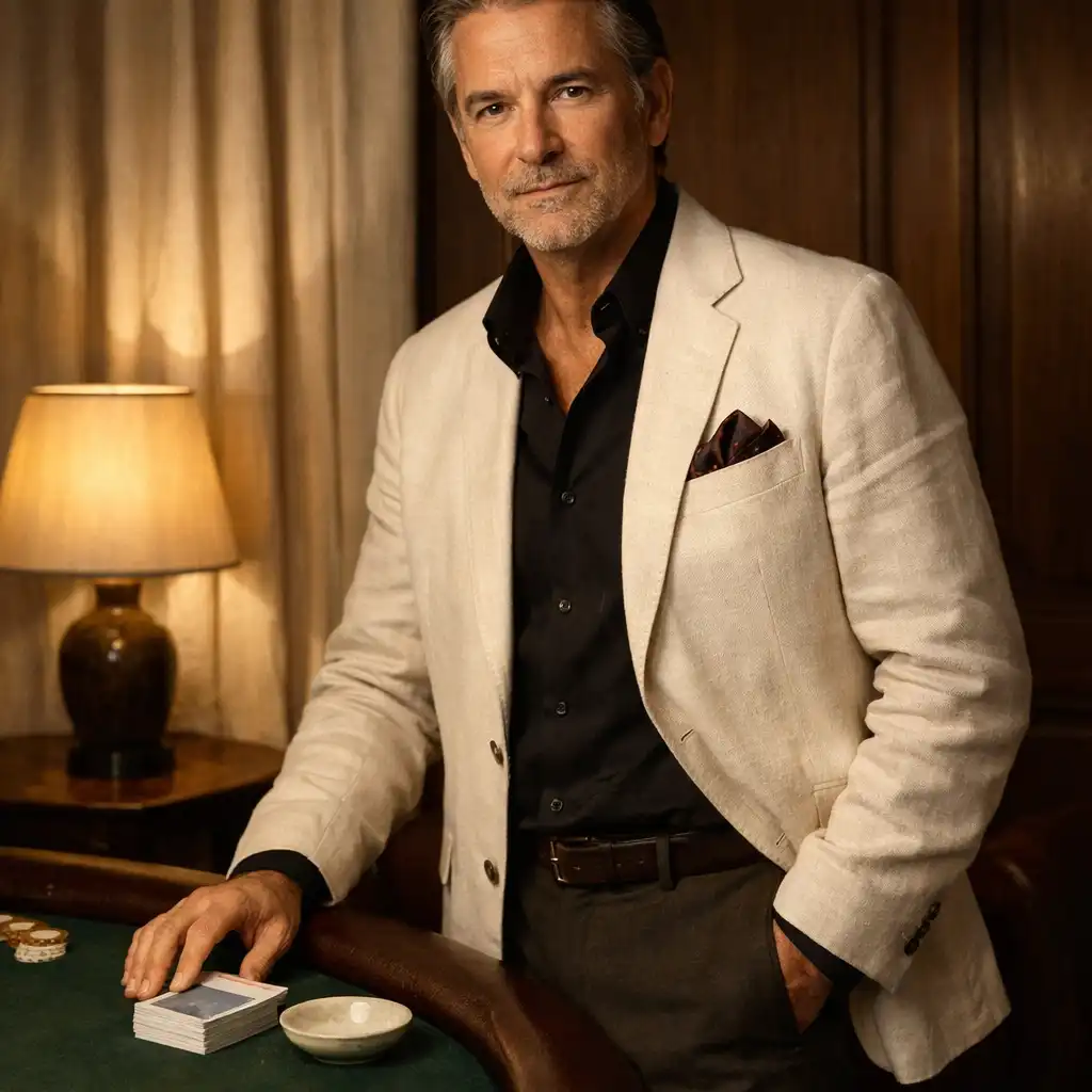 A host beside a private card-room table before guests arrive