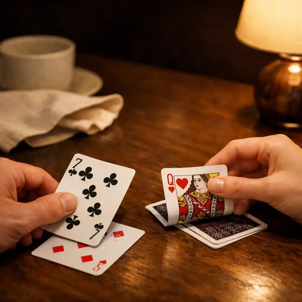 Guests' hands turning over playing cards at a refined table