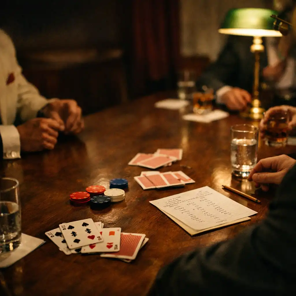 Hands, cards and table settings in a softly lit private card room after dark