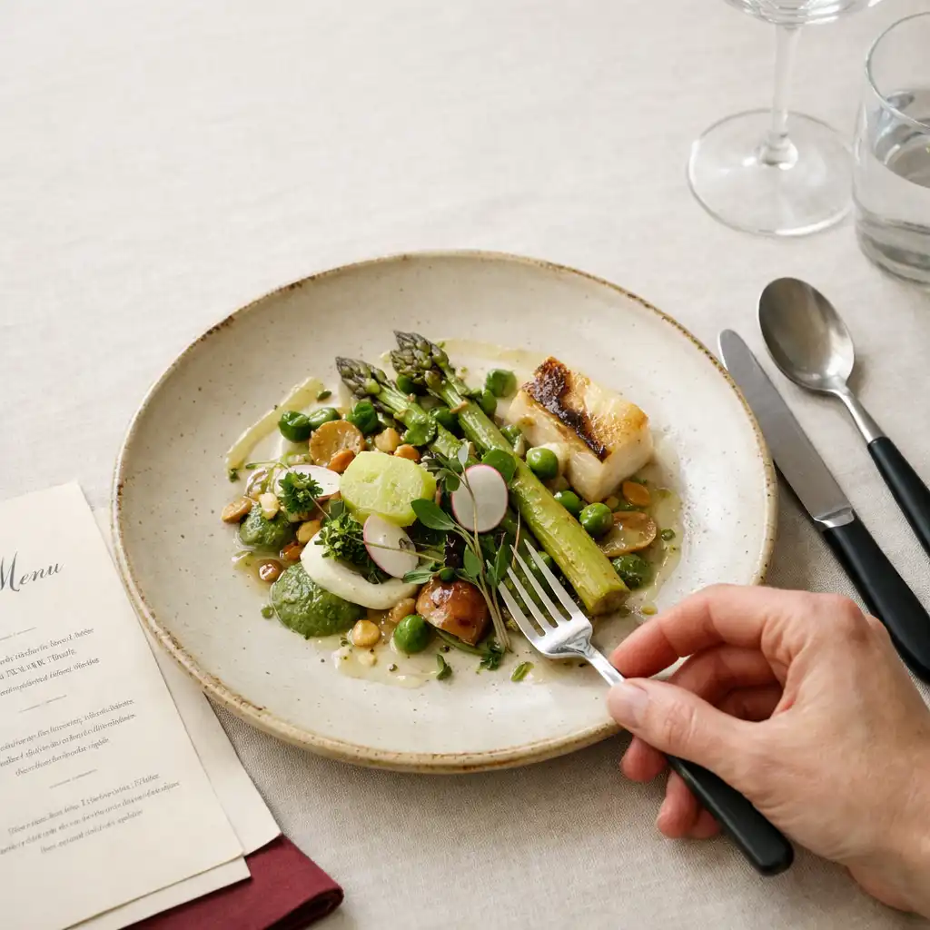Seasonal plate, ivory linen and a diner’s hand with cutlery