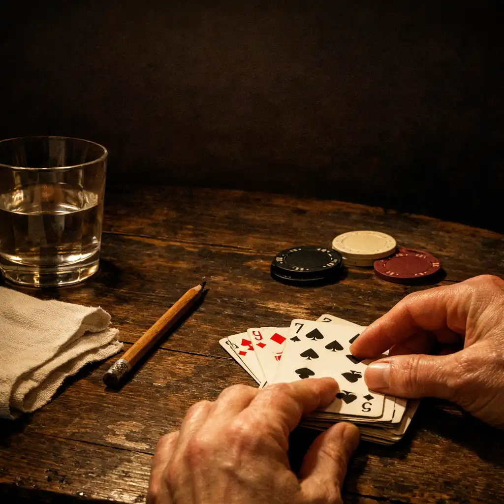 Hands arranging cards on a timber table beside paper and a water glass