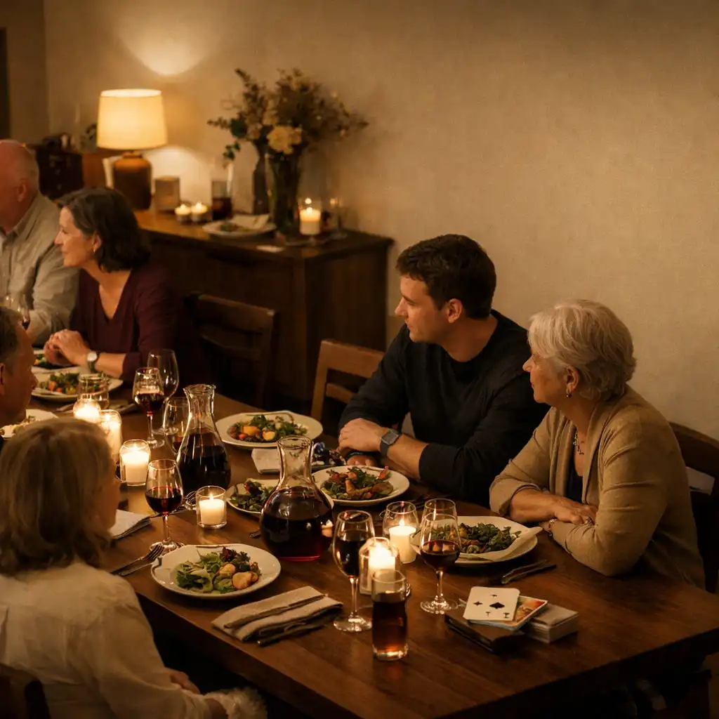 Guests gathered around a long hosted table in a warmly lit dining room
