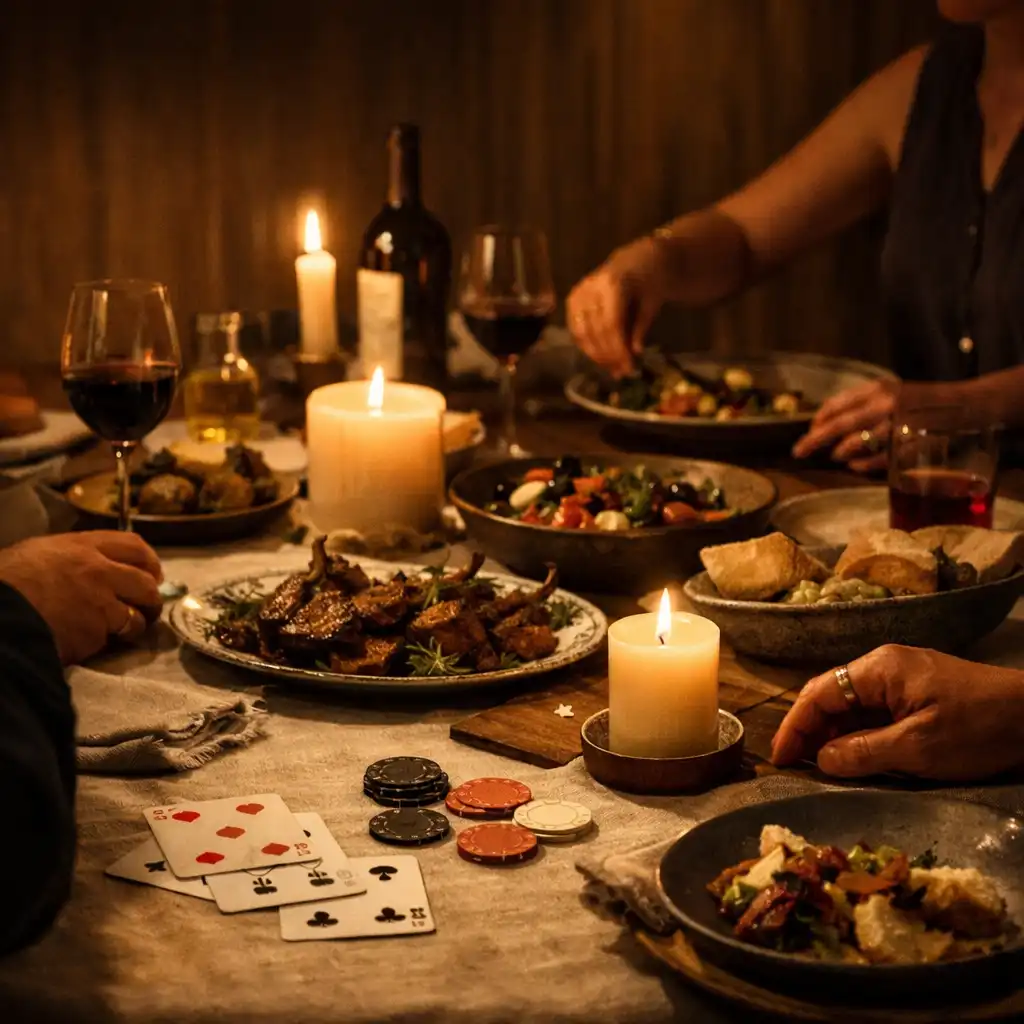 Shared dining table with linen, plates, cards and guests’ hands in a softly lit private room