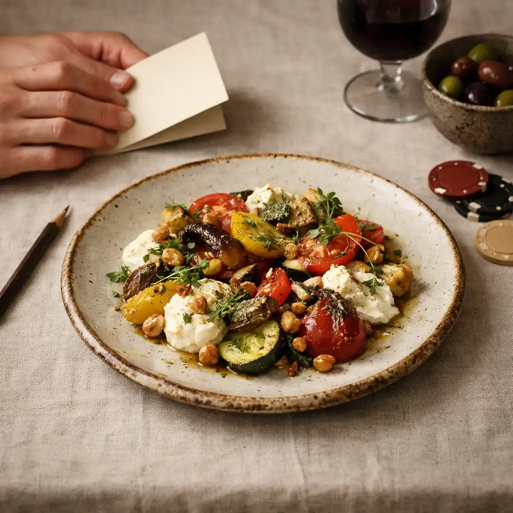 Seasonal shared plate on linen with cards and tabletop props nearby