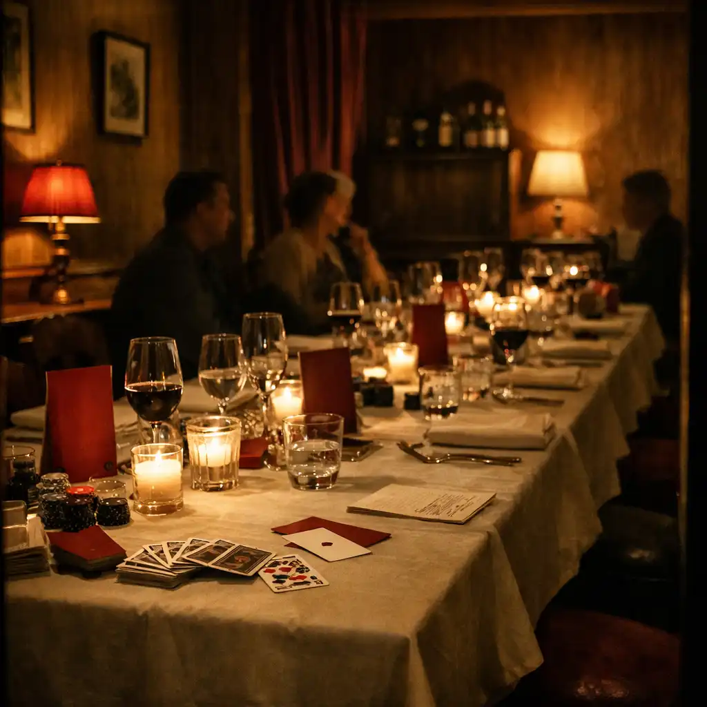 Long candlelit table in a private dining and card-room setting after dark