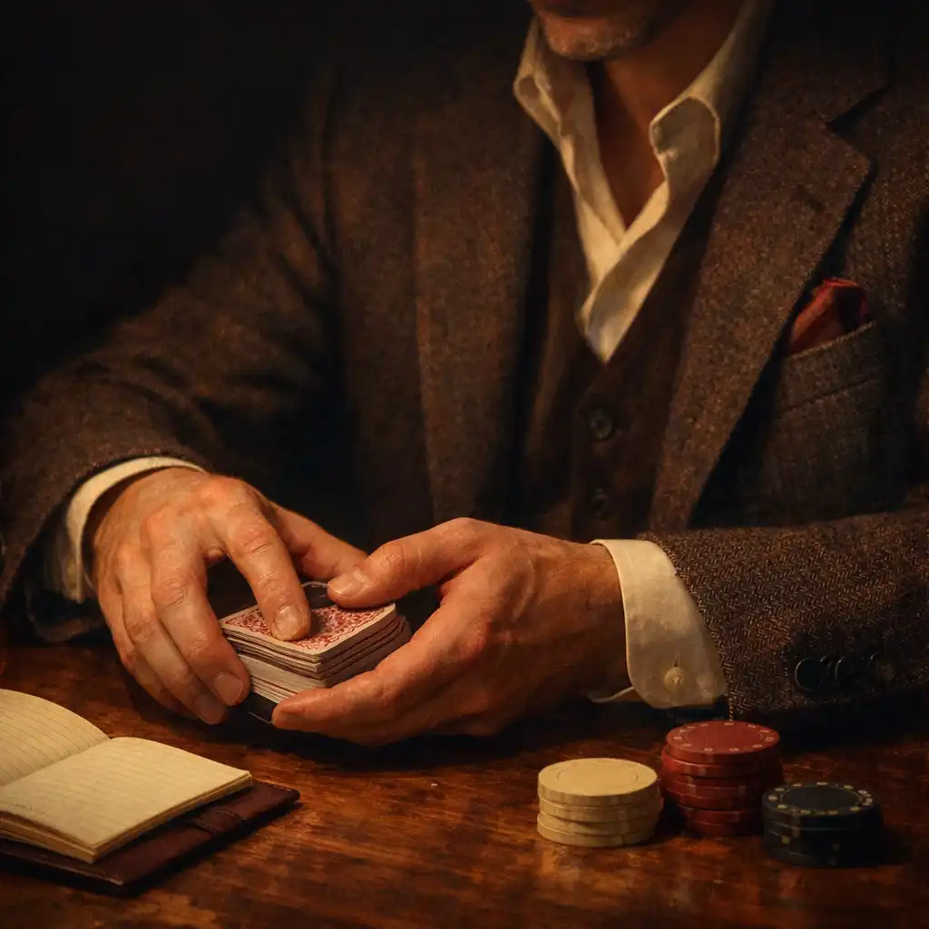 A host’s hands arranging a deck of cards beside a notebook on a timber table