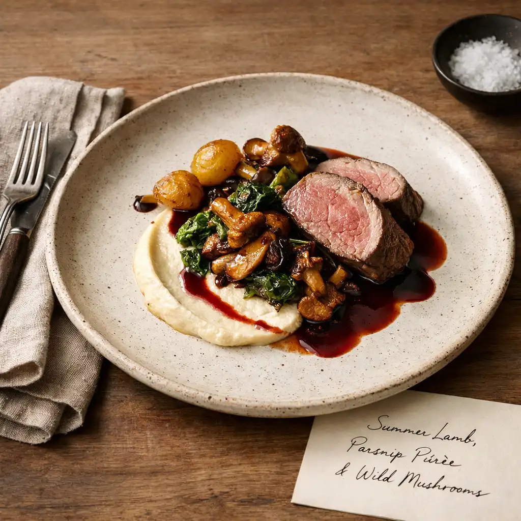 A composed course on stoneware with linen and a handwritten note on a timber table