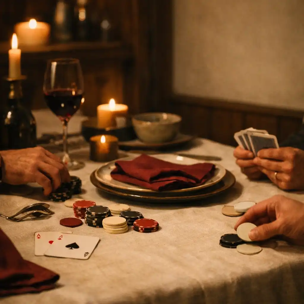 A shared evening table with linen, plates, playing cards and adult hands in a warmly lit room