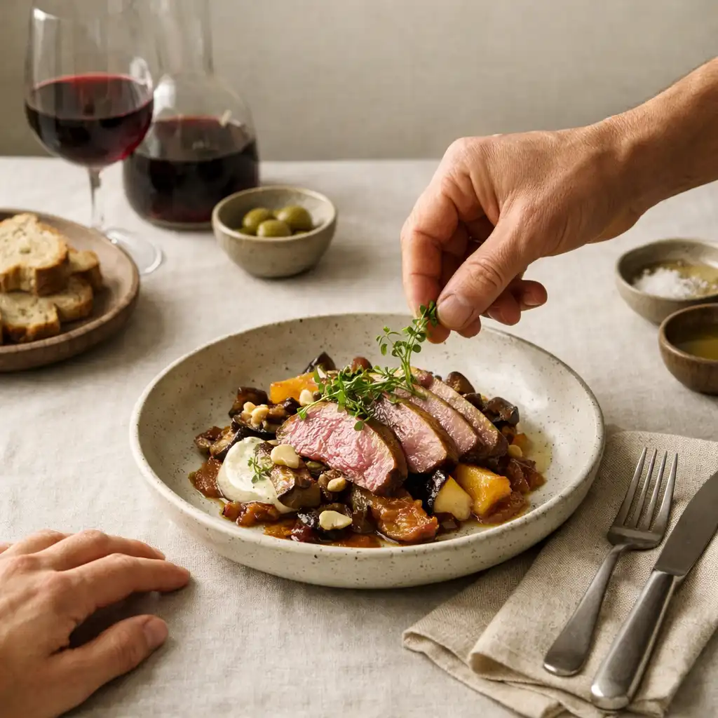 A chef's hand placing the final element on a seasonal dish