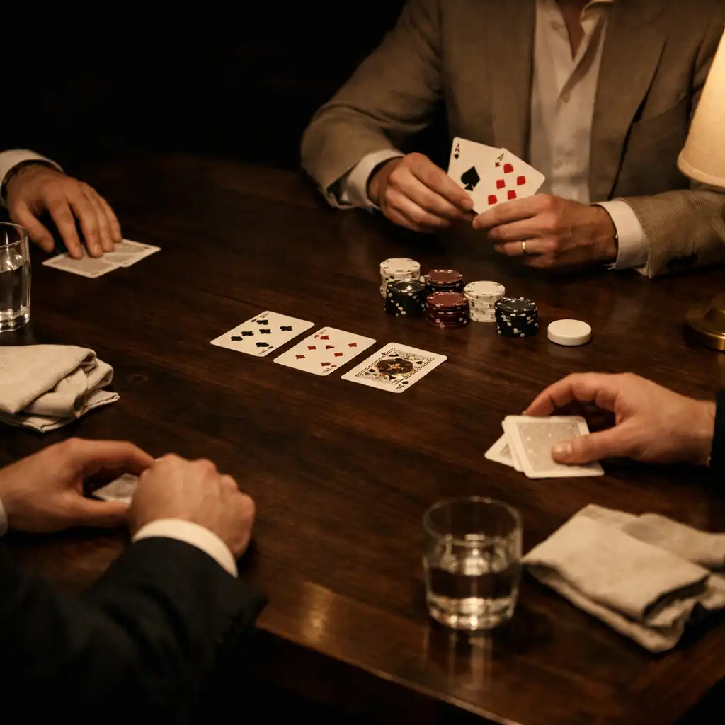 Hands, cards and tabletop chips arranged on a dark timber table during an intimate in-person gathering