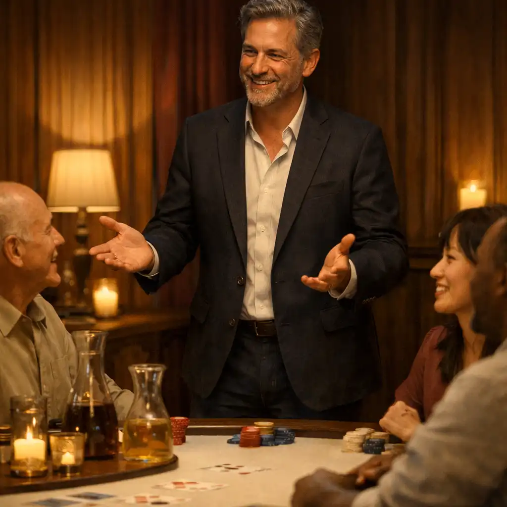 A host welcoming guests around a warmly lit in-person poker table