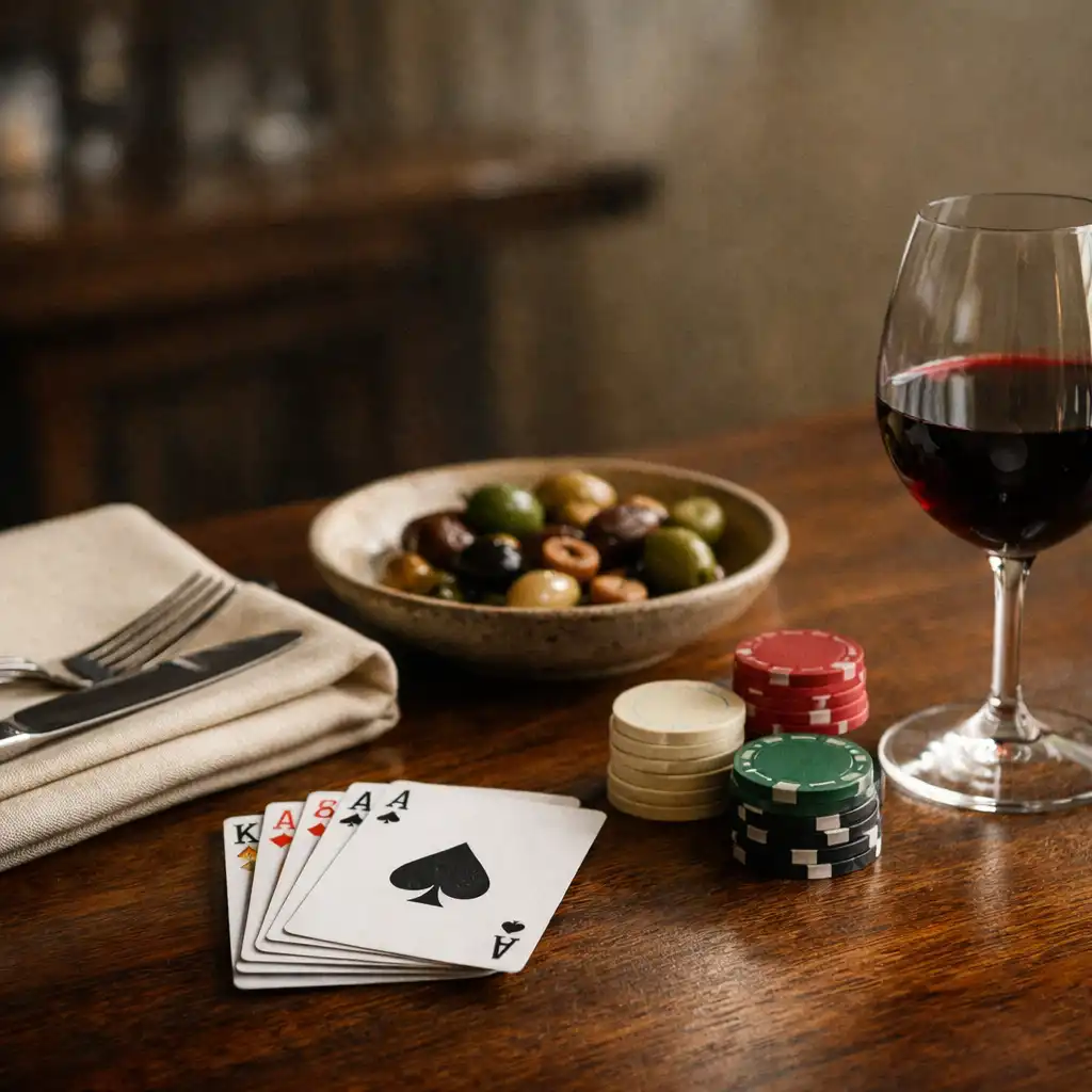 Playing cards, linen, cutlery and a shared dish arranged as a refined tabletop still life