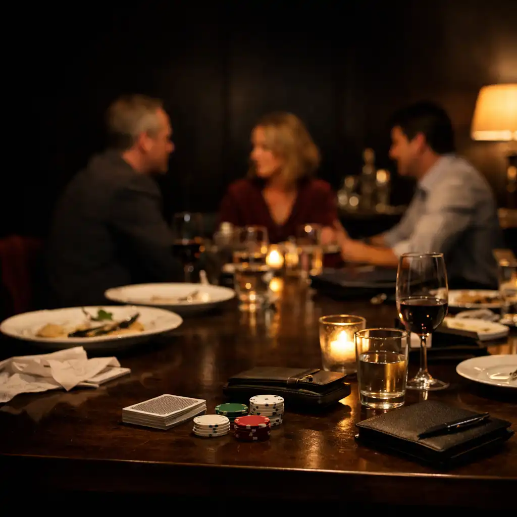 A warm private supper room with half-cleared plates, cards and guests in quiet conversation