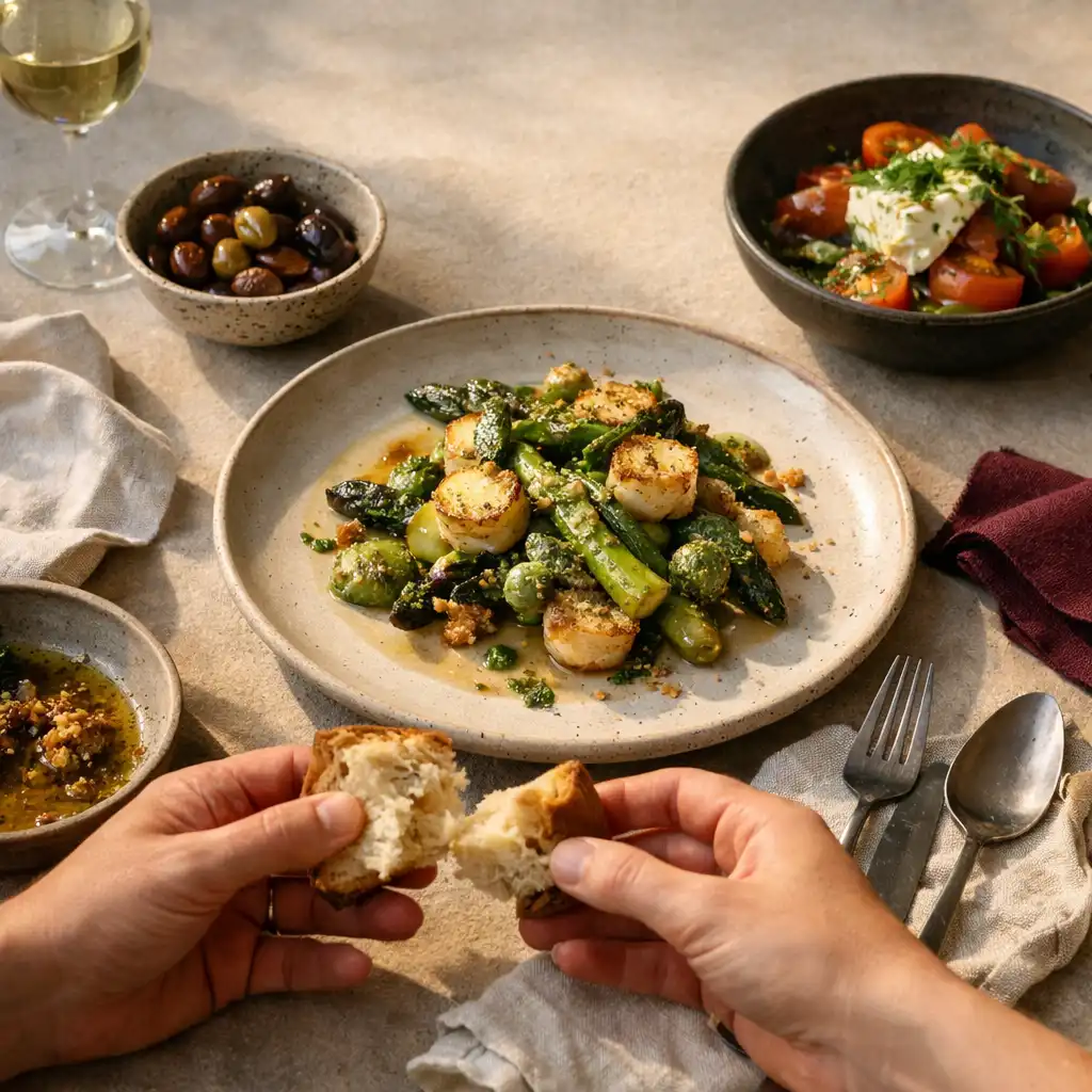 Shared seasonal dishes, linen, cutlery and hands passing bread across a table
