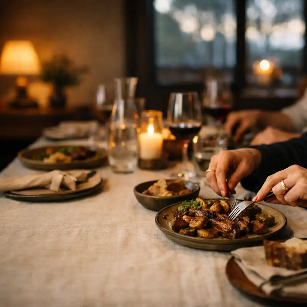 Guests’ hands gathered around shared plates, linen and glassware at a restaurant table