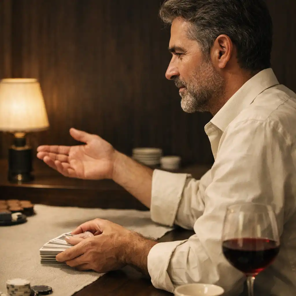 A host’s hands arranging cards beside linen and tableware in a private card-room setting.