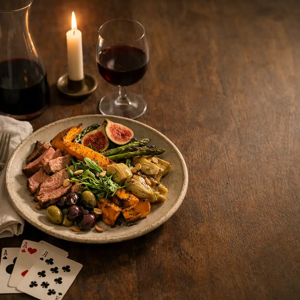 A shared supper plate, ivory linen, candlelight and playing cards on a refined table.