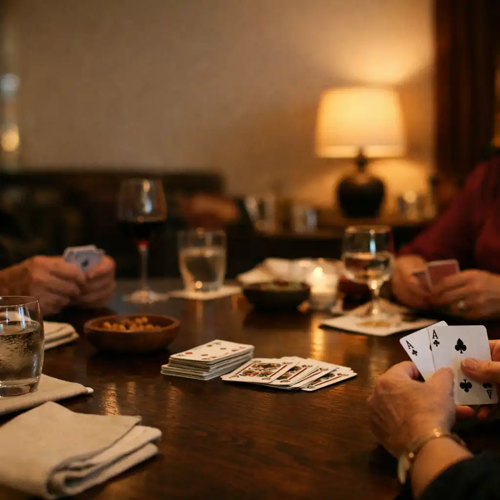 Hands around a timber table with shared plates, linen and playing cards during a social card night.