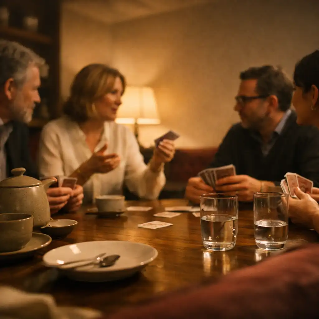 A relaxed group sharing a social card evening in a private lounge
