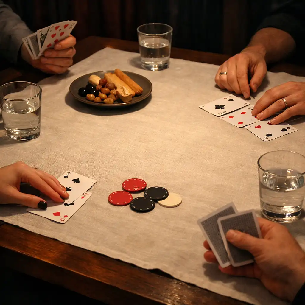 Hands arranging playing cards beside a shared plate after dinner